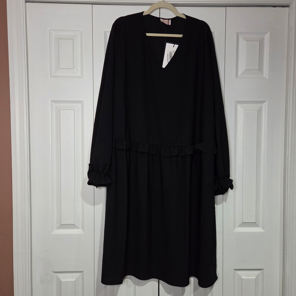 Persona Marina Rinaldi Dove Dress 22W Black V-Neck Ruffle Waist Long Sleeve Midi